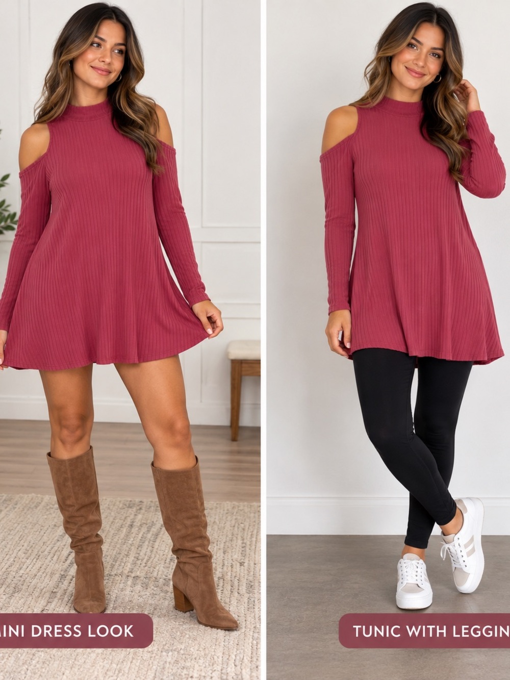Ribbed Cold Shoulder Tunic Mini Dress – Dusty Rose